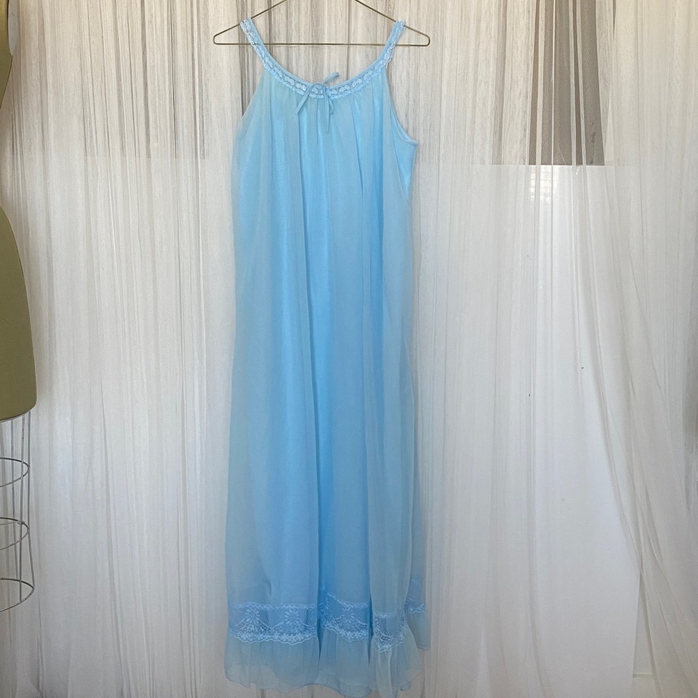 Vintage 60’s Nylon Light Blue Chiffon Maxi Nightgown Ruffle Lace Size S - Picture 3 of 11